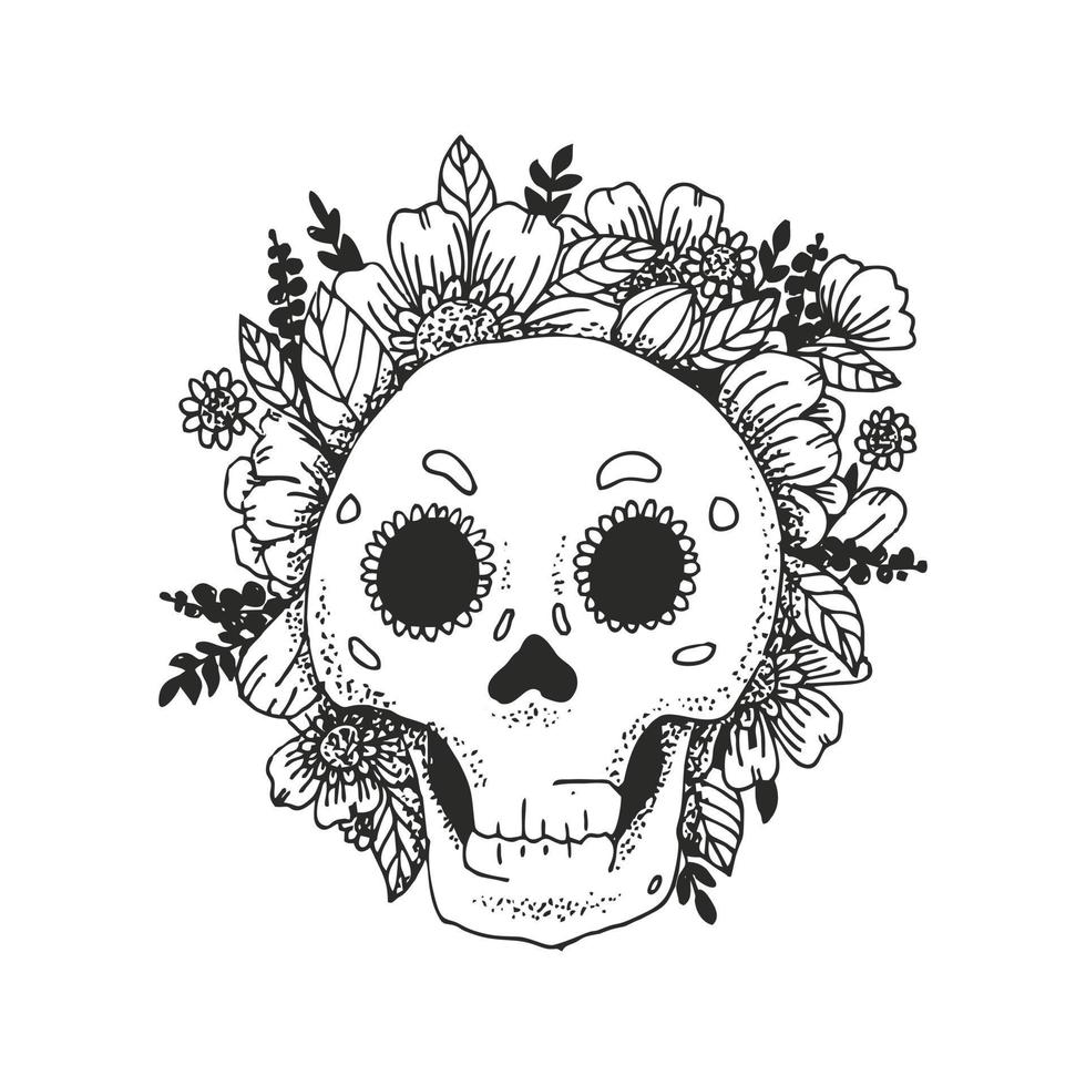 Skull, flowers and herbs vector outline illustration for wallpaper, pattern fills, web page background, surface textures.