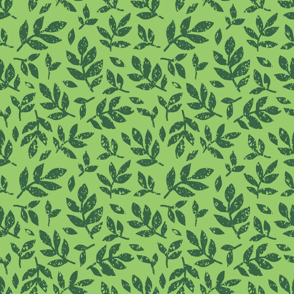 Linocut vector dark leaves on green background. Seamless vector green leaves linocut grunge pattern. Linocut vector seamless print. Great for label, print, packaging, fabric.