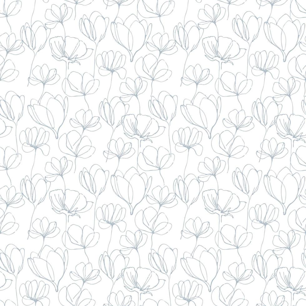 Flowers line art hand draw vector seamless pattern. Seamless hand draw vector pattern. Background with decorative line art style flowers seamless. Spring and summer vector seamless pattern.