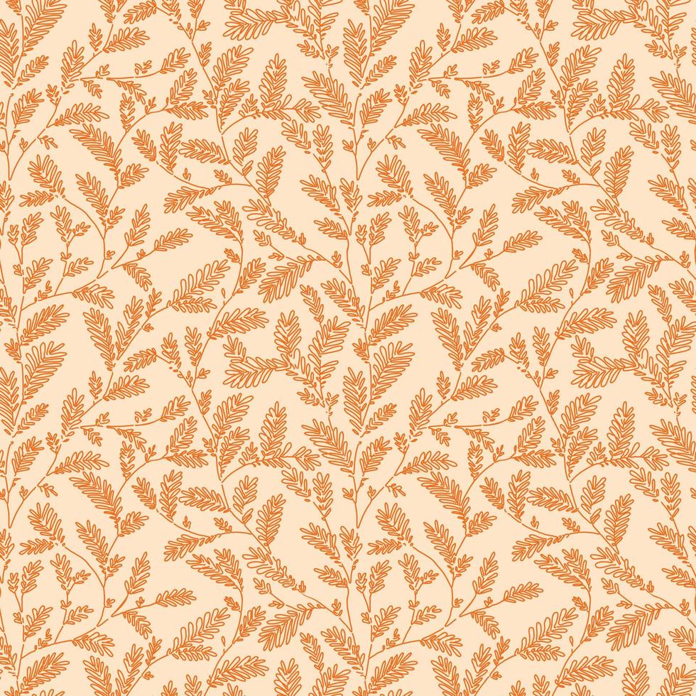 Seamless vector orange color line leaf and twig pattern on beige background.