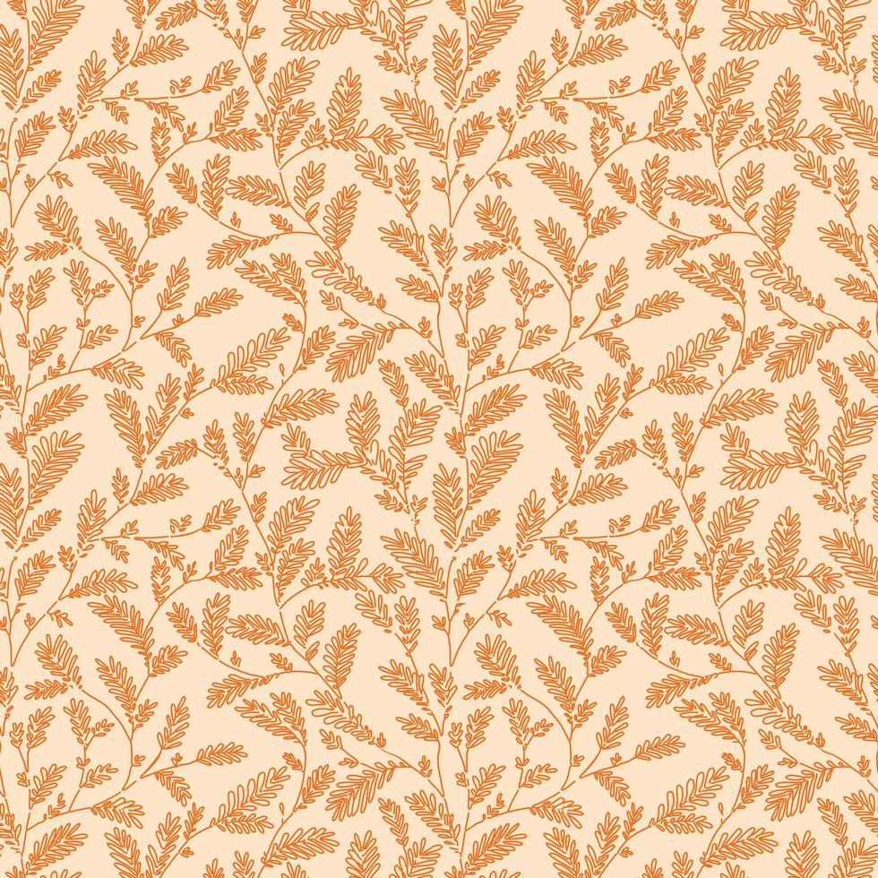 Seamless vector orange color line leaf and twig pattern on beige background.