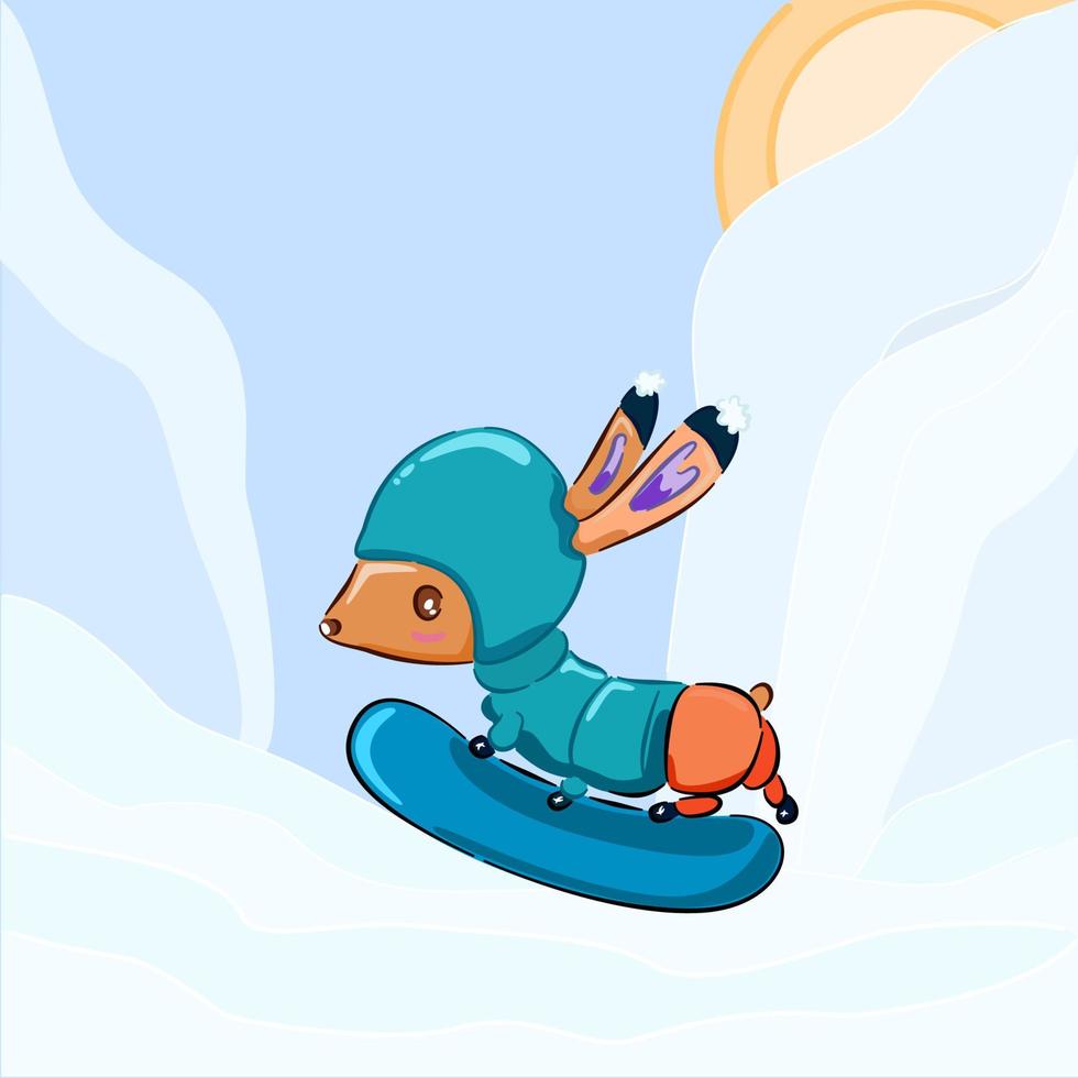 ilustración de dachshund de snowboard de dibujos animados lindo. ideal para fondos de invierno, tarjetas, pegatinas, pancartas. vector