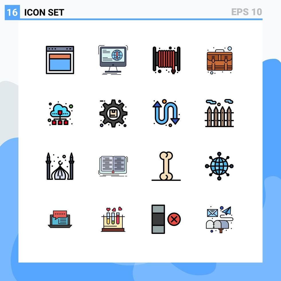 conjunto de 16 líneas rellenas de colores planos vectoriales en cuadrícula para servicios de sitios web de negocios de maletas fuego elementos de diseño de vectores creativos editables