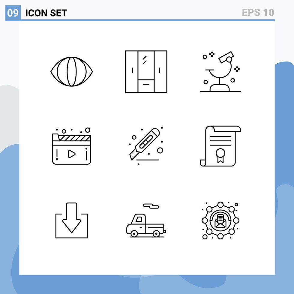 conjunto de pictogramas de 9 contornos simples de elementos de diseño de vectores editables de ciencia de película de biología de video cortado