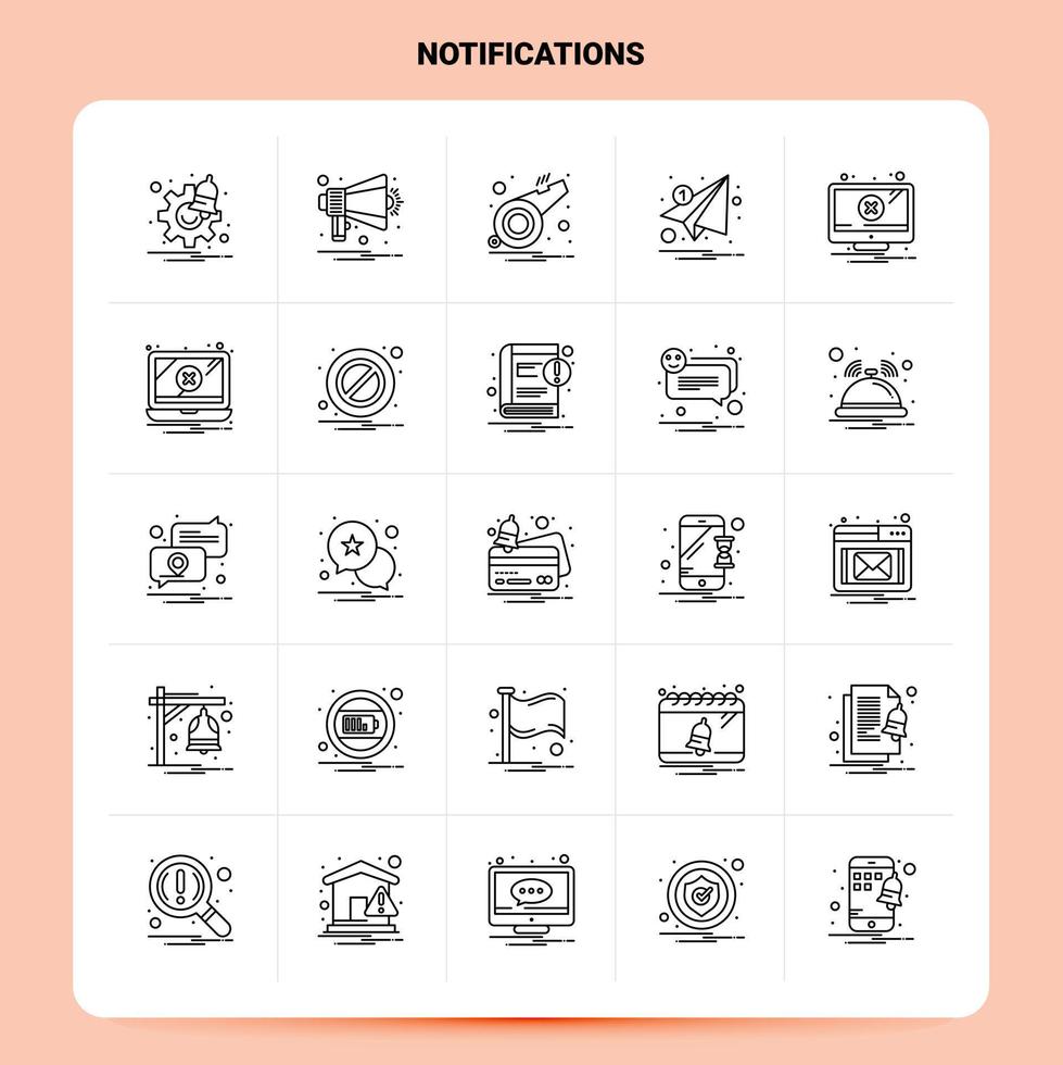 esquema 25 conjunto de iconos de notificaciones diseño de estilo de línea vectorial conjunto de iconos negros paquete de pictogramas lineales ideas de negocios web y móviles diseño ilustración vectorial vector