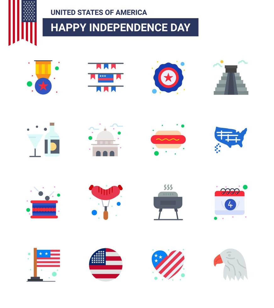 Set of 16 Vector Flats on 4th July USA Independence Day such as bottle wine star drink american Editable USA Day Vector Design Elements
