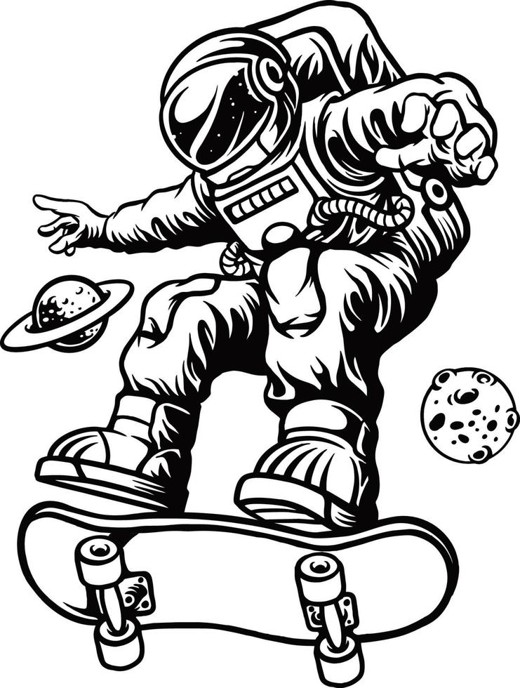 Spaceman Playing Skateboard monochrome vector