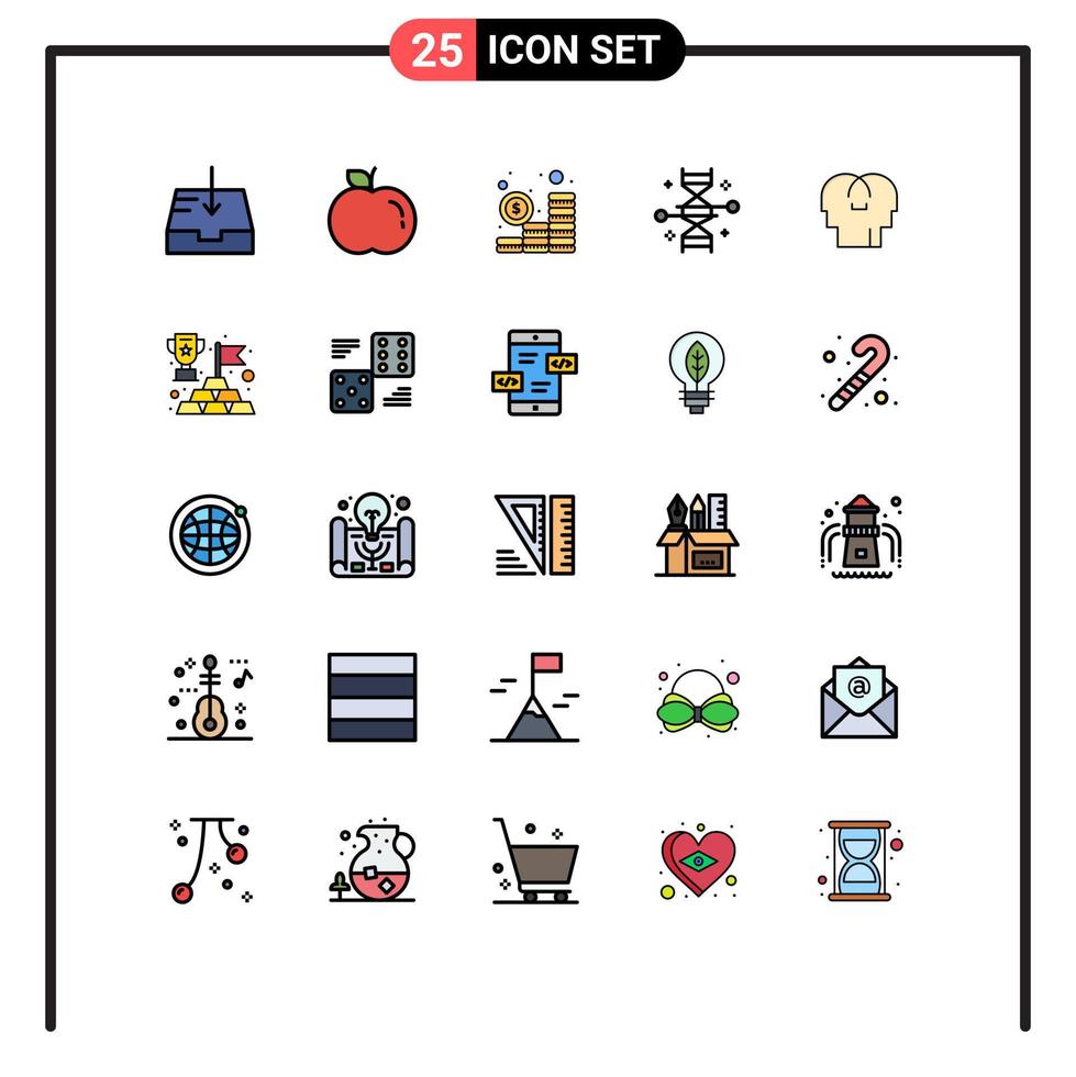 25 Universal Filled line Flat Colors Set for Web and Mobile Applications head feelings coins empathy genetic modification Editable Vector Design Elements
