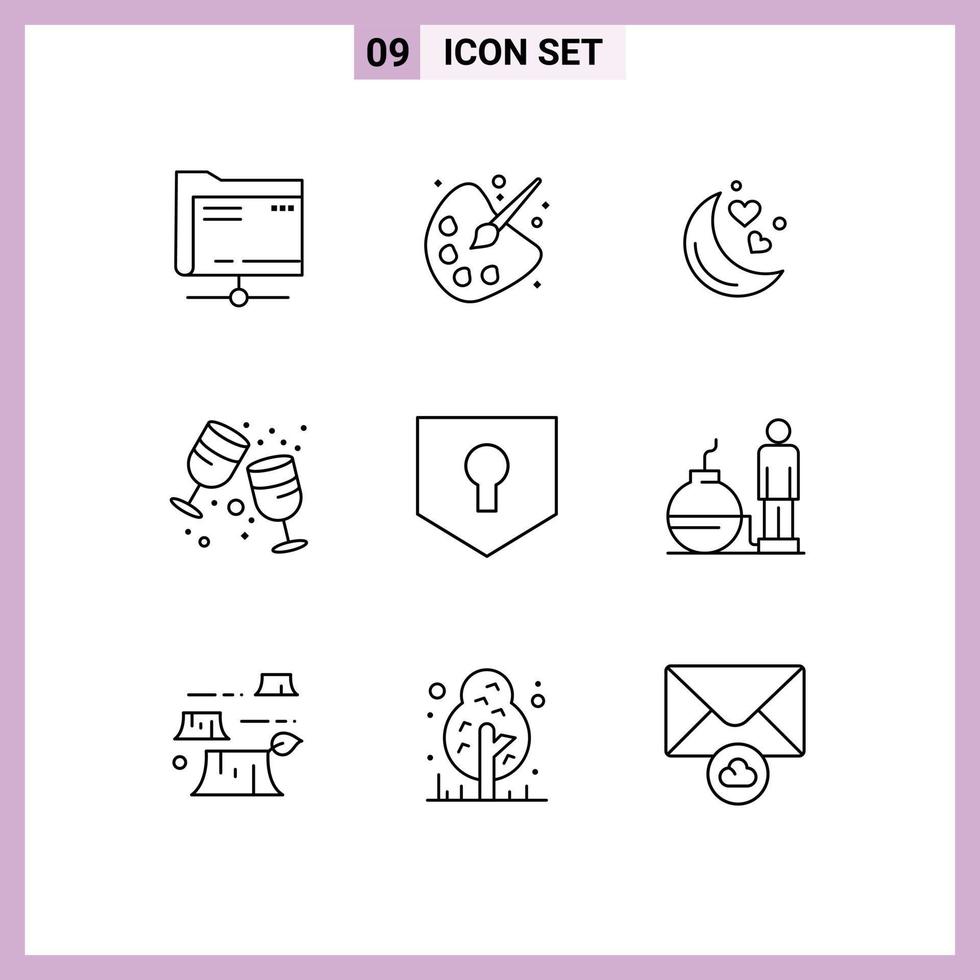 9 Universal Outline Signs Symbols of protect party moon glass birthday Editable Vector Design Elements