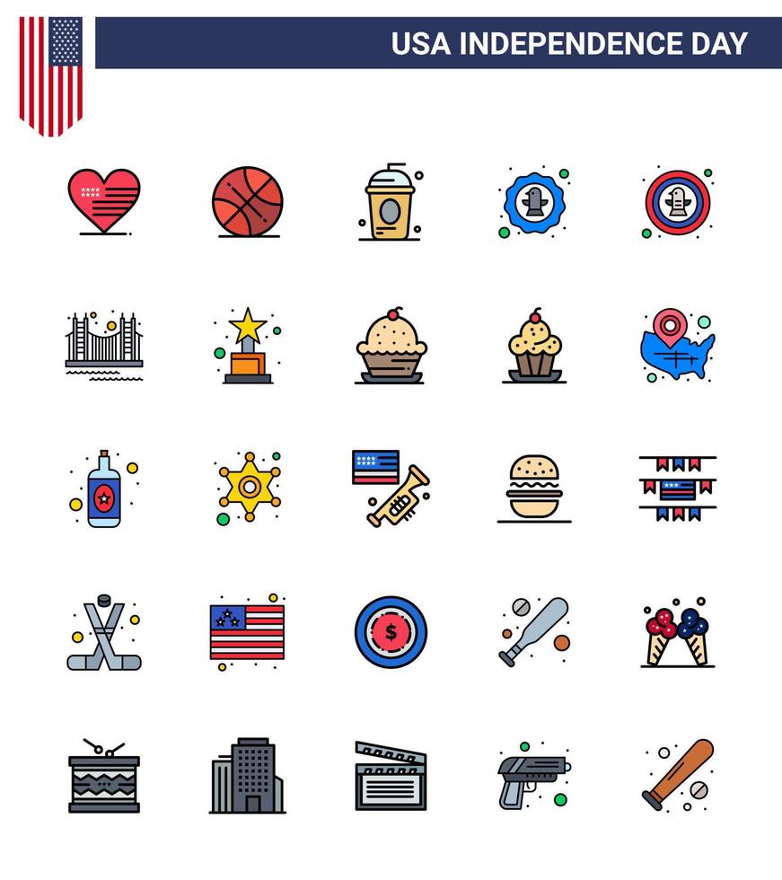 Happy Independence Day Pack of 25 Flat Filled Lines Signs and Symbols for badge celebration cake bird independece Editable USA Day Vector Design Elements