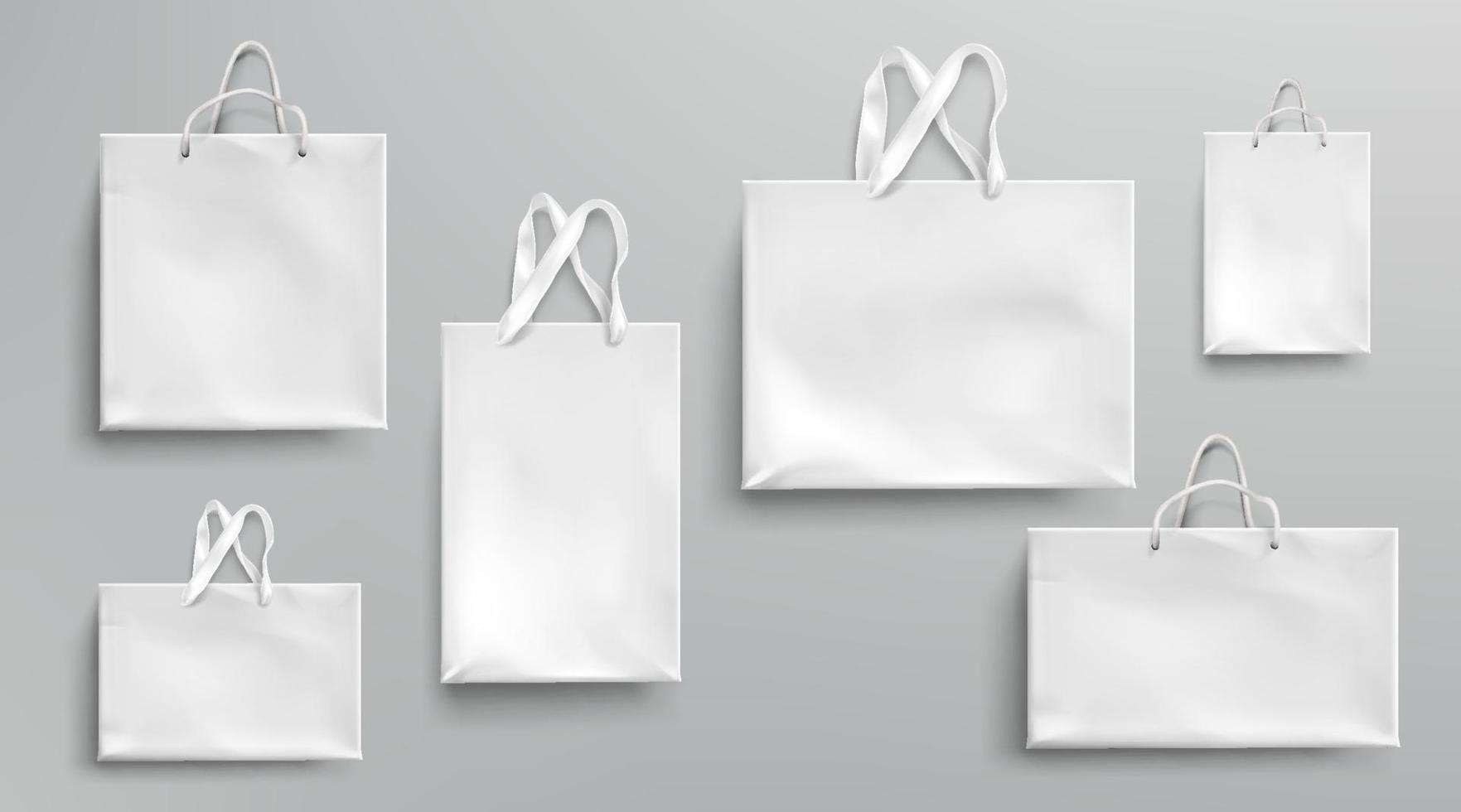 Paper shopping bags mockup, white packages set vector
