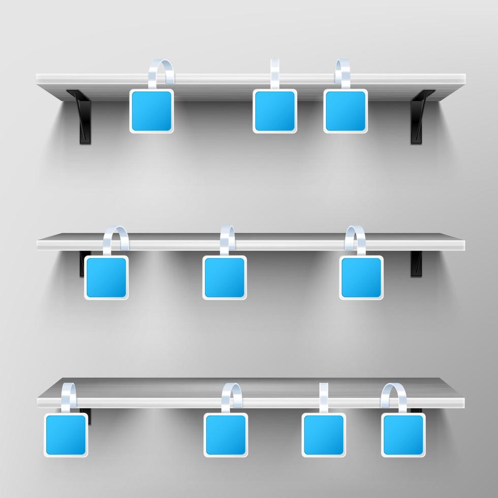 Wobblers on wooden shelves. Blank price tags. vector