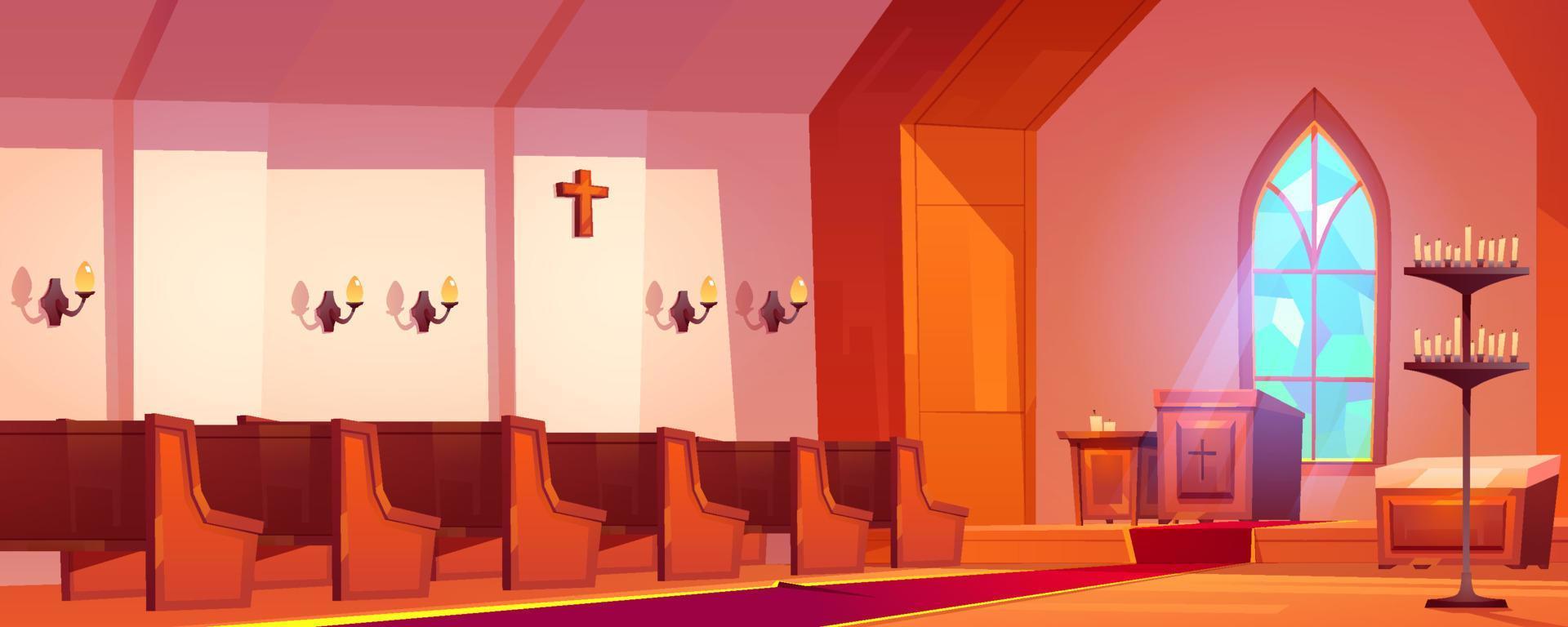interior de la iglesia católica con altar y bancos vector