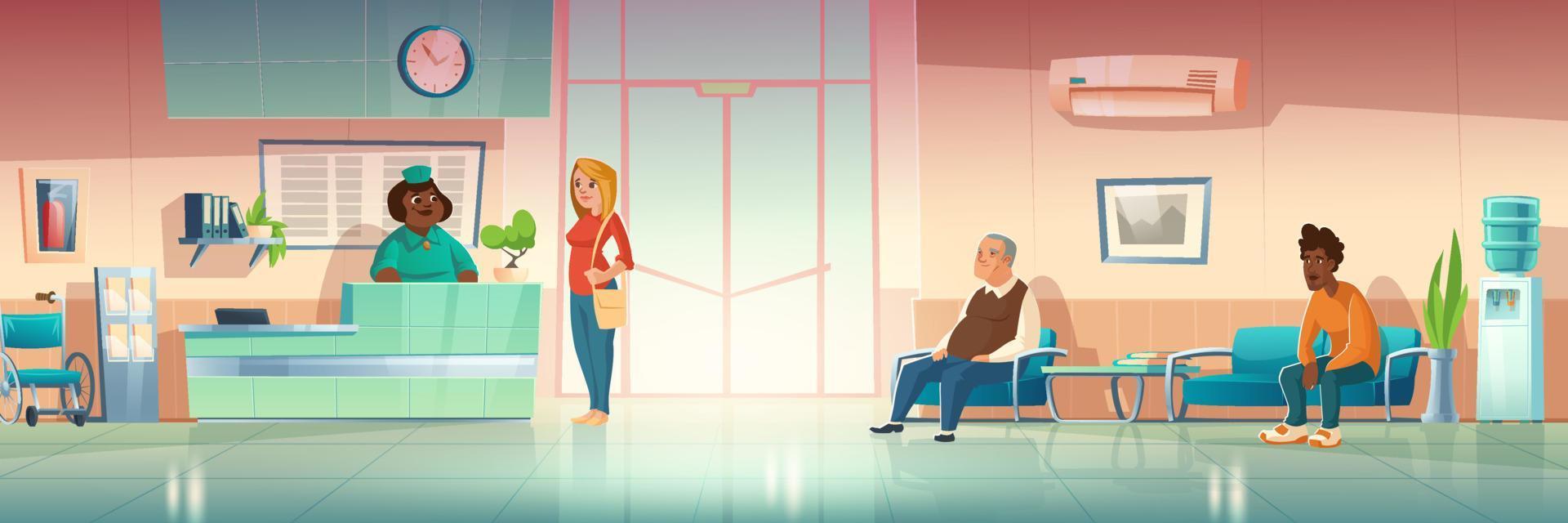 People in hospital hallway, clinic hall interior vector