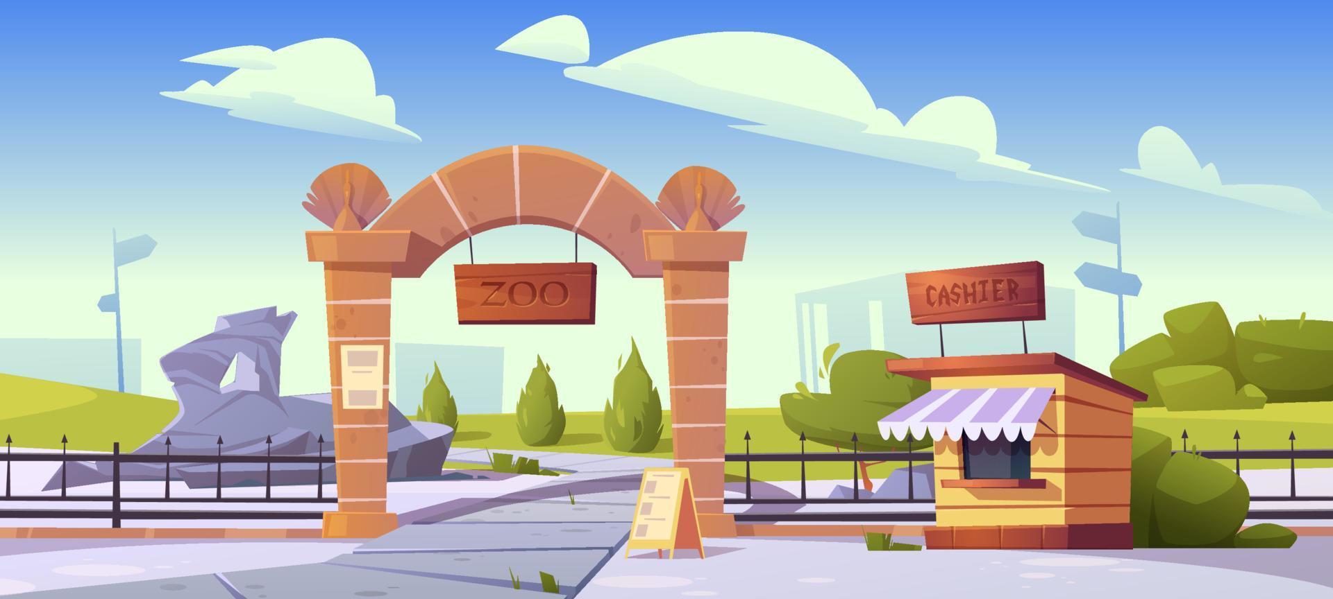 Zoo entrance with stone arch and cashier booth vector