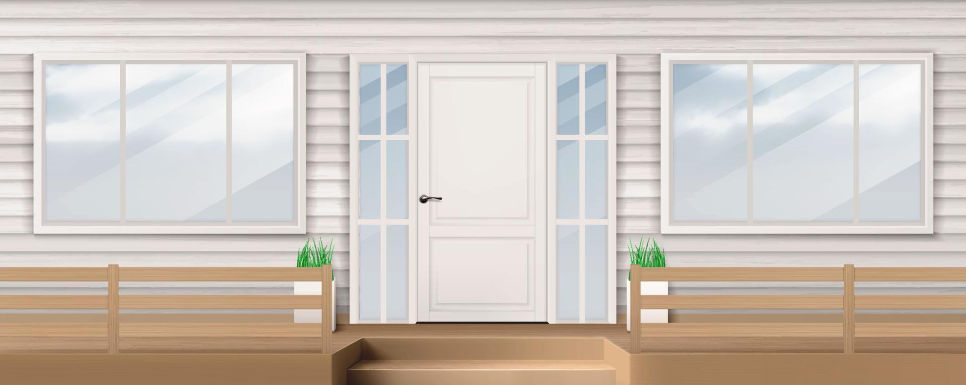 fachada de la casa con puerta blanca, ventana, pared de revestimiento vector