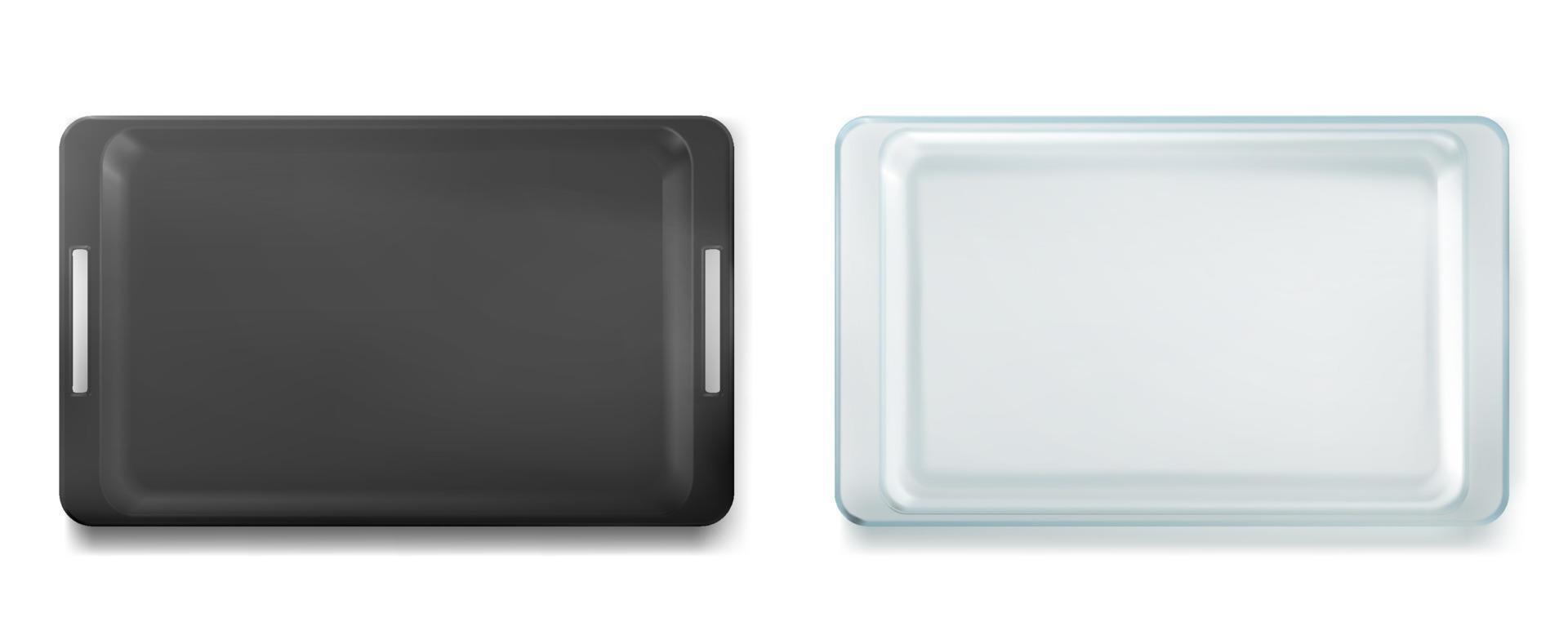 Glass and metal trays for baking top view, vector