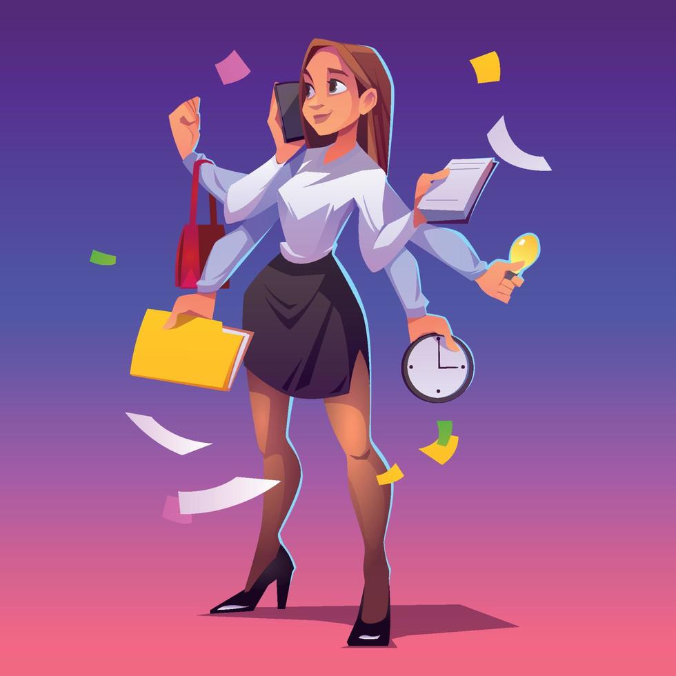 Multitasking business woman with many hands vector