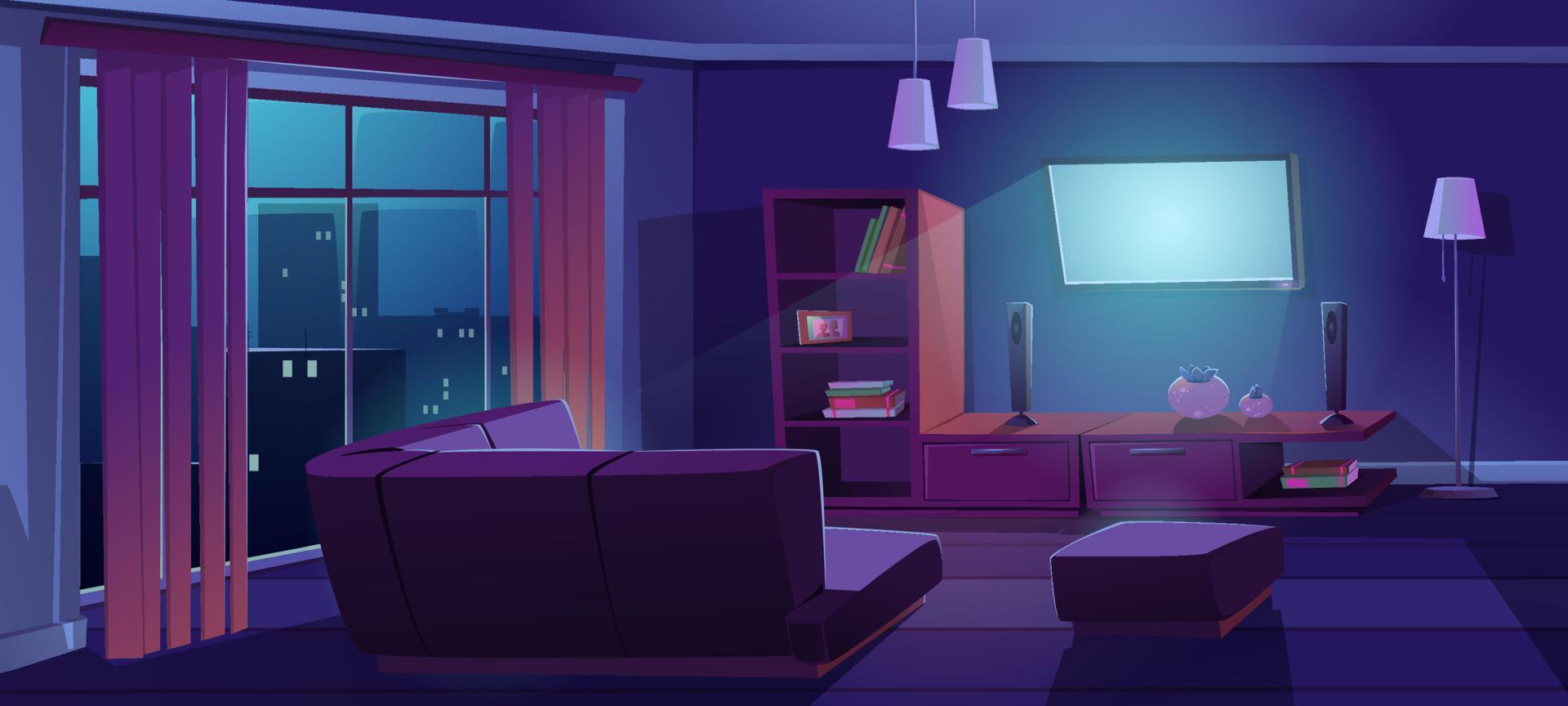 Living room interior with tv, sofa at night time vector