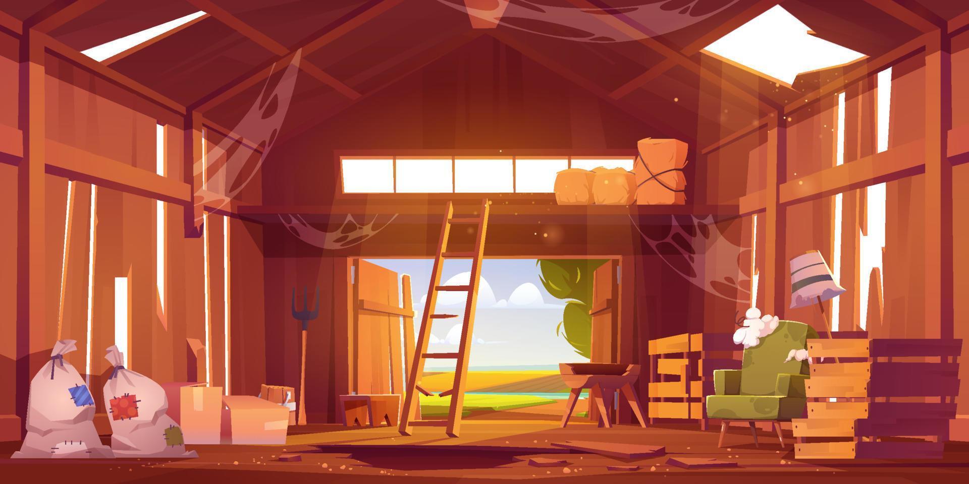 Abandoned barn interior with broken furniture vector