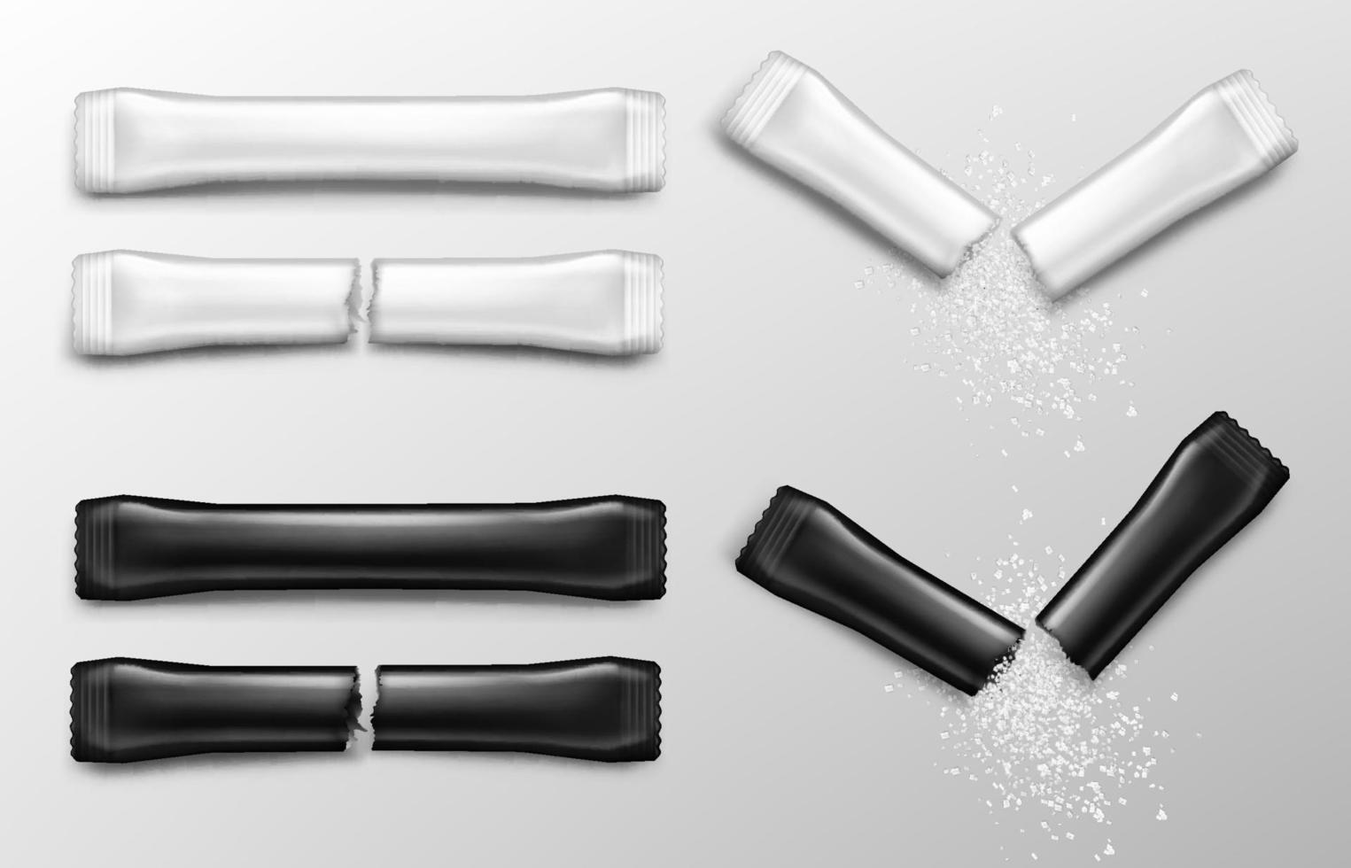Sugar sticks for coffee in white and black packs vector