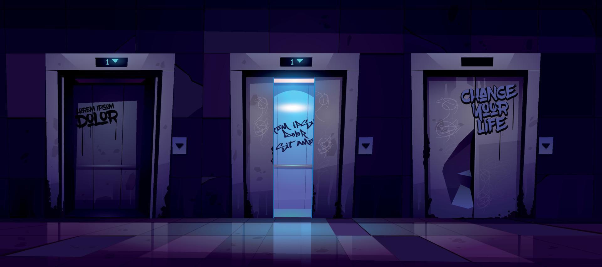 Dirty hallway with broken elevator doors at night vector