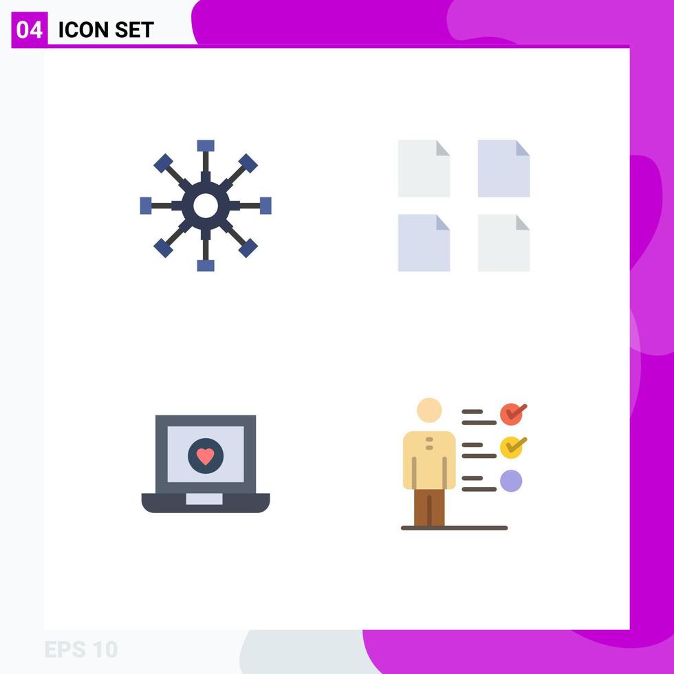Universal Icon Symbols Group of 4 Modern Flat Icons of business laptop network files love Editable Vector Design Elements