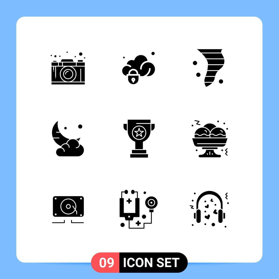 Modern Set of 9 Solid Glyphs Pictograph of cloud cresent secure moon weather Editable Vector Design Elements