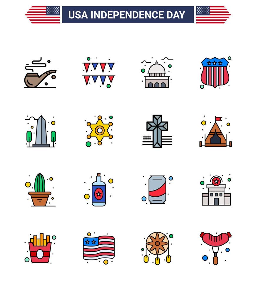 Happy Independence Day USA Pack of 16 Creative Flat Filled Lines of usa monument landmark landmark investigating Editable USA Day Vector Design Elements