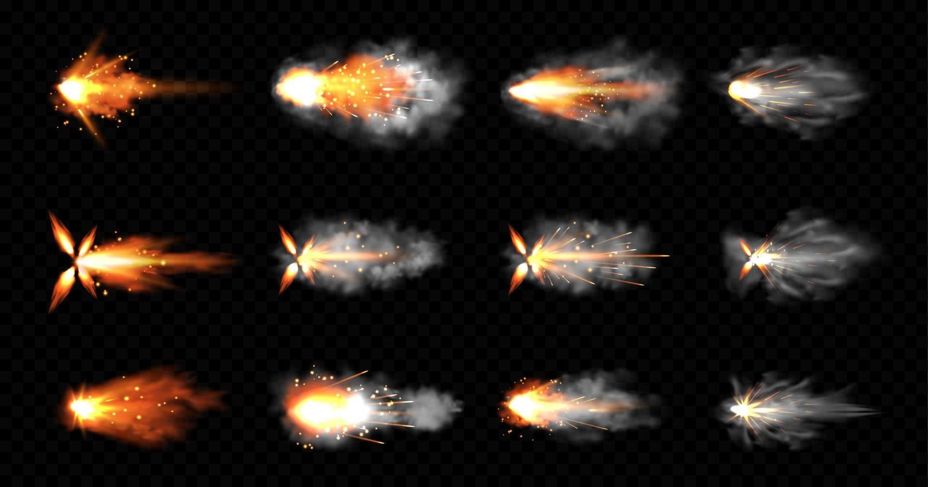 Gun flashes with fire and smoke. Pistol shots set vector