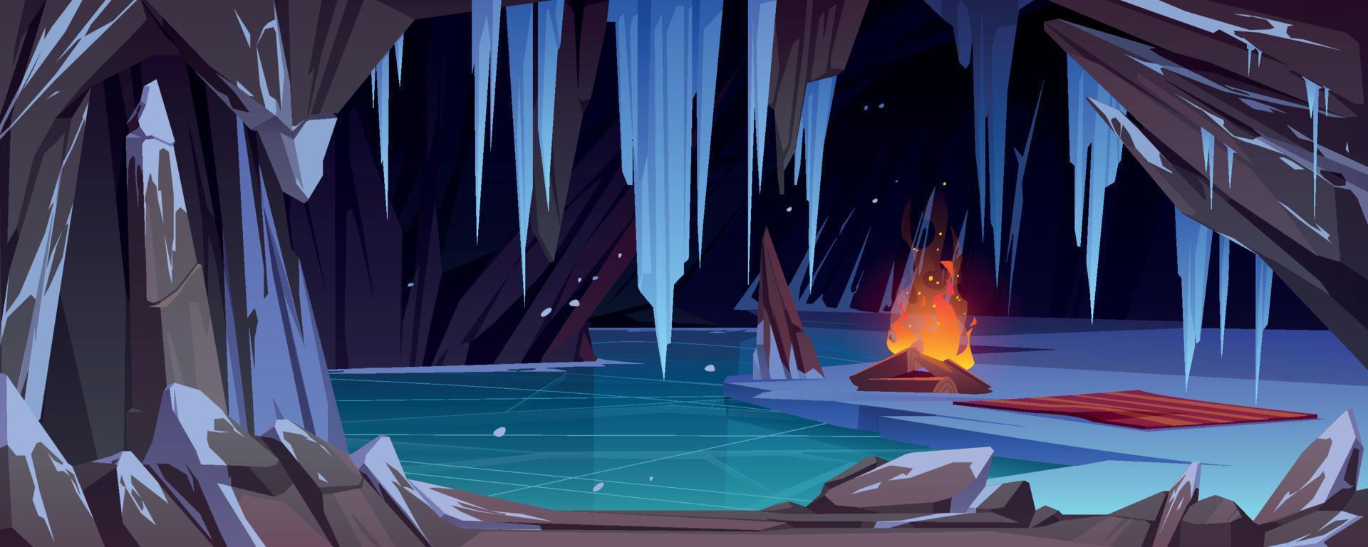 Dark ice cave in mountain with bonfire vector