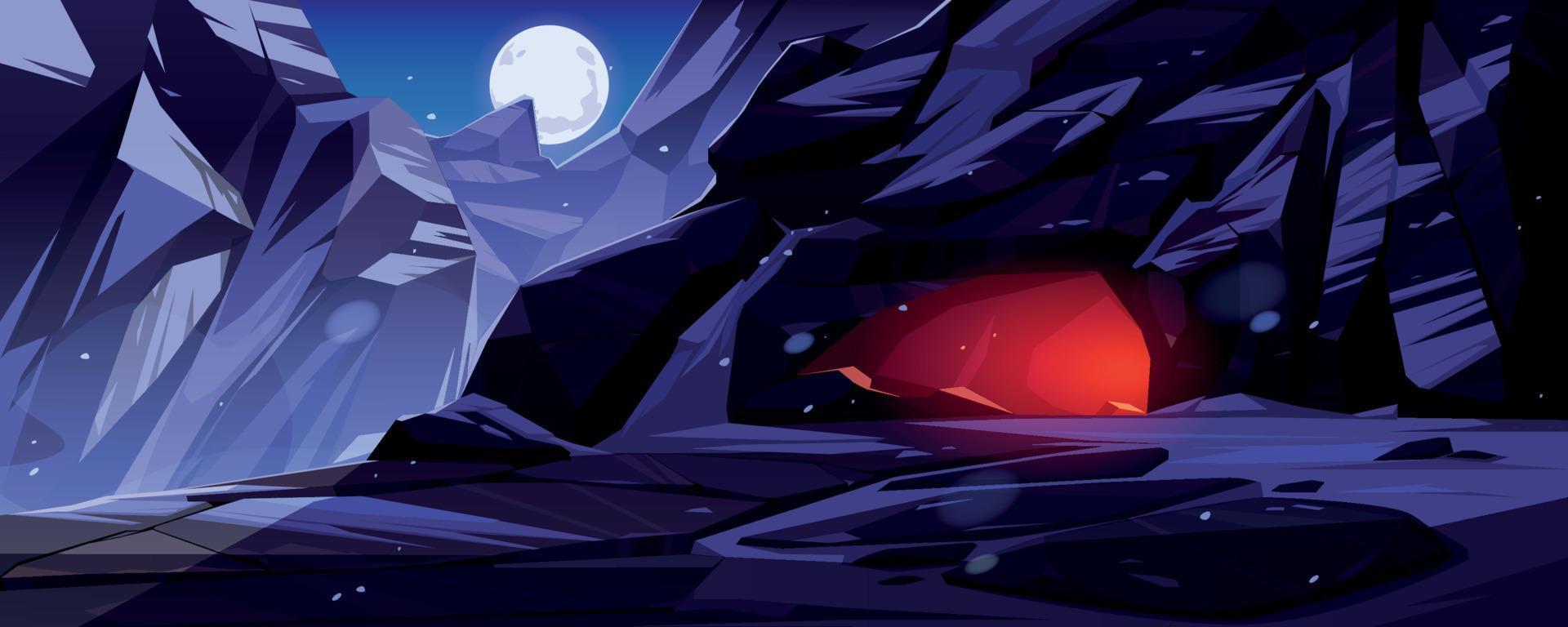 Entrance to cave in mountains at night vector