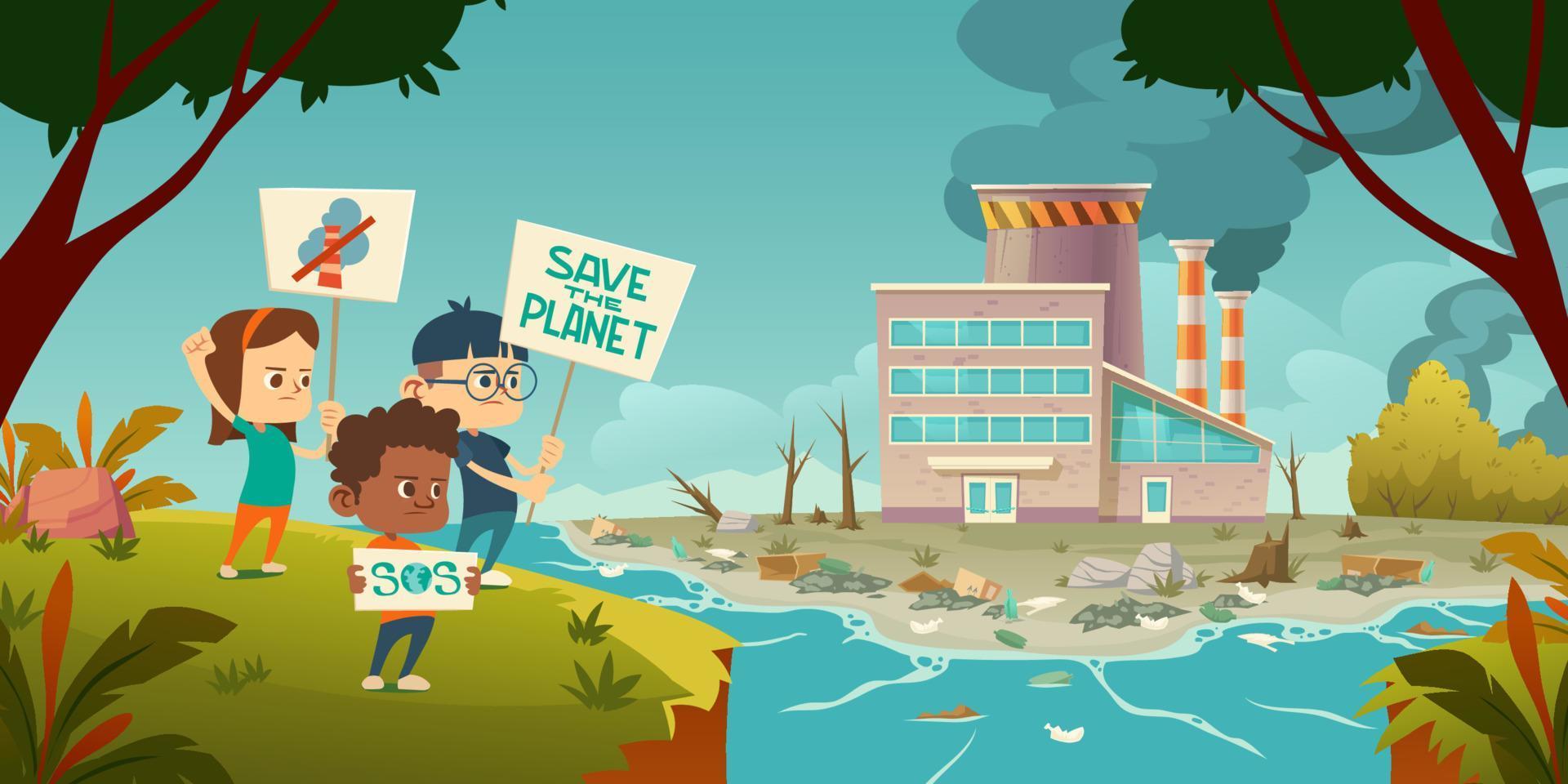 Eco protest, kids with save planet banners strike vector