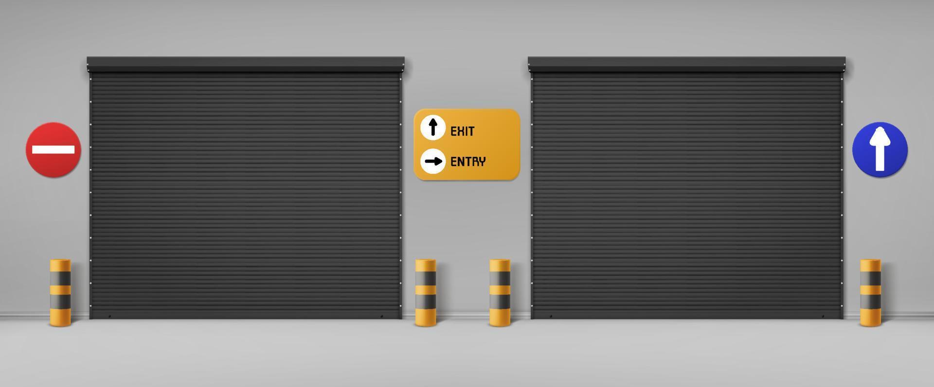 Garage doors, commercial hangar entrance doorways vector