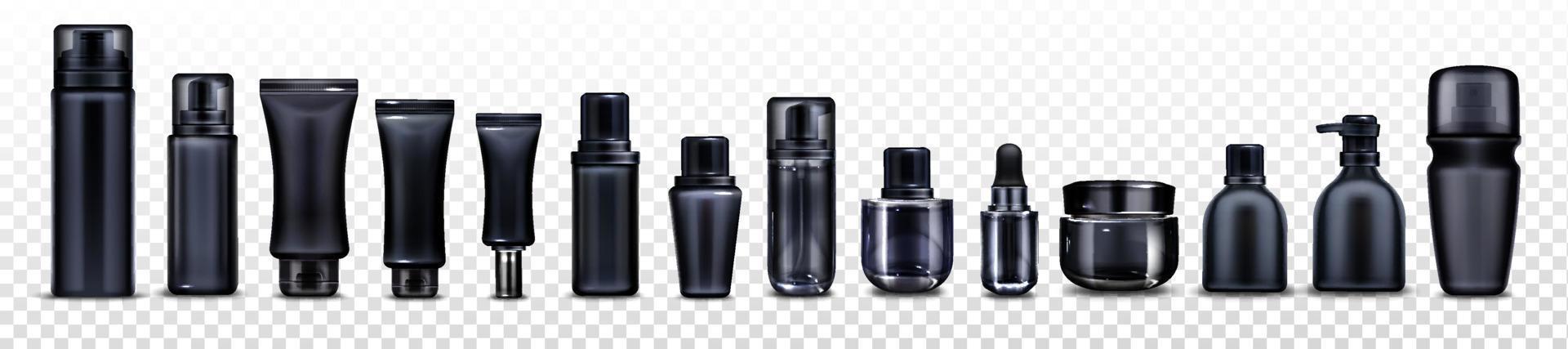 Vector mockup of black cosmetic bottles and tubes