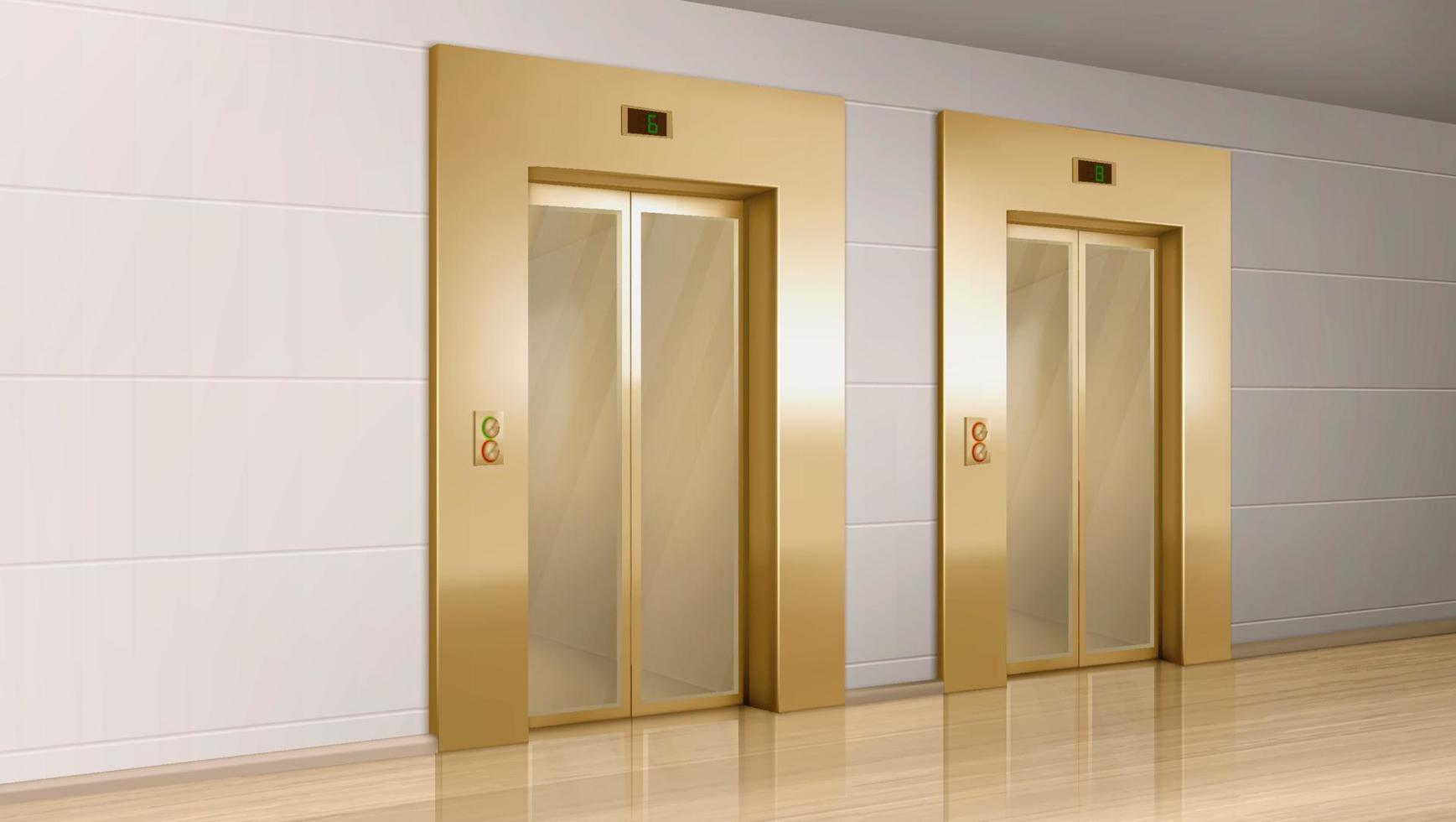 Golden elevator with glass doors in hallway vector