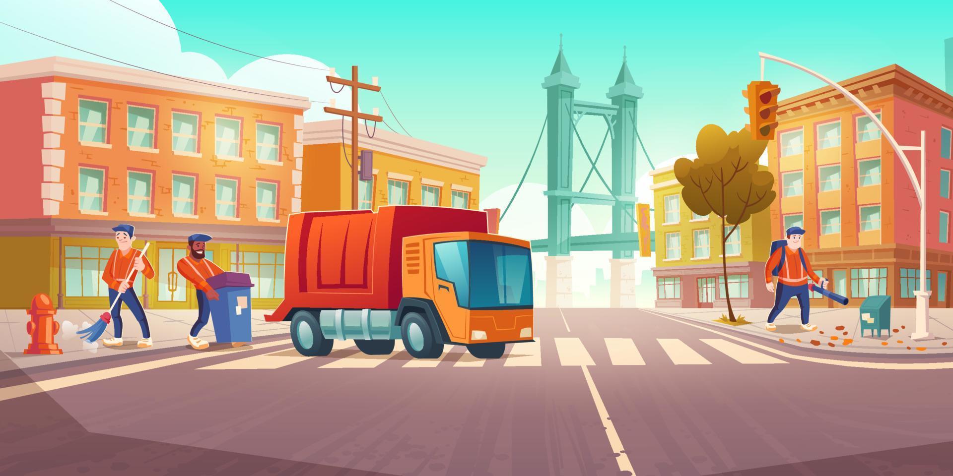Street cleaning with garbage truck and sweepers vector
