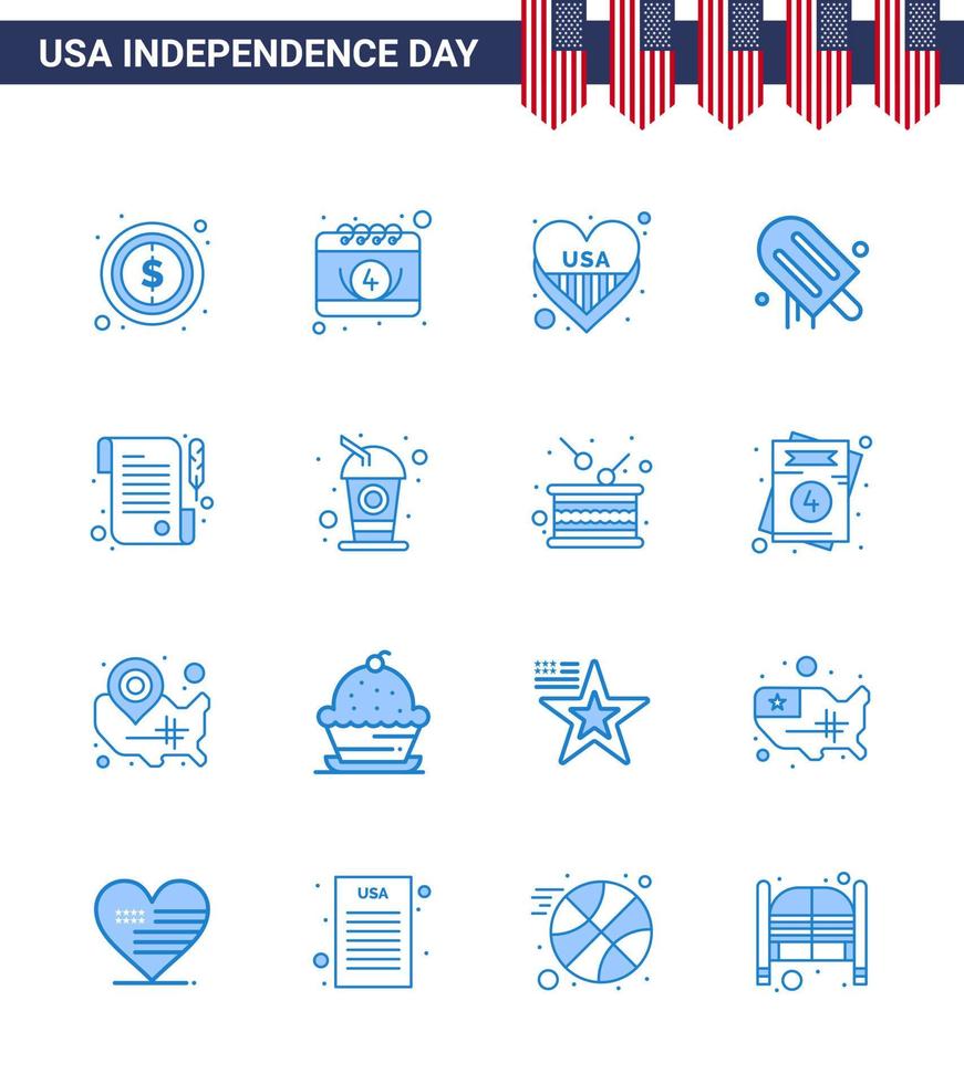 grupo de 16 blues establecidos para el día de la independencia de los estados unidos de américa, como recibo usa american american icecream editable usa day elementos de diseño vectorial vector