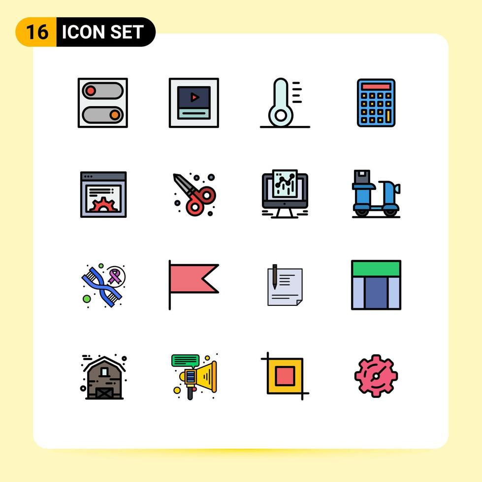 16 signos de línea rellenos de color plano universal símbolos de análisis herramienta de tijera calculadora configuración de diseño gráfico elementos de diseño de vector creativo editable