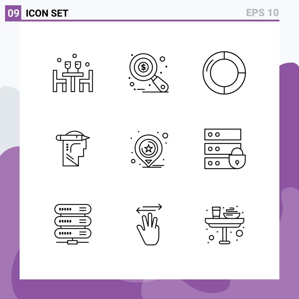 Stock Vector Icon Pack of 9 Line Signs and Symbols for location thinking tax monitoring mind pie Editable Vector Design Elements