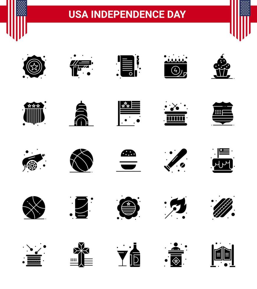 4th July USA Happy Independence Day Icon Symbols Group of 25 Modern Solid Glyph of muffin cake paper day calendar Editable USA Day Vector Design Elements