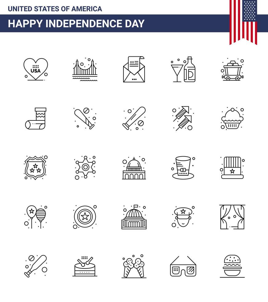 Line Pack of 25 USA Independence Day Symbols of bottle wine tourism drink invitation Editable USA Day Vector Design Elements