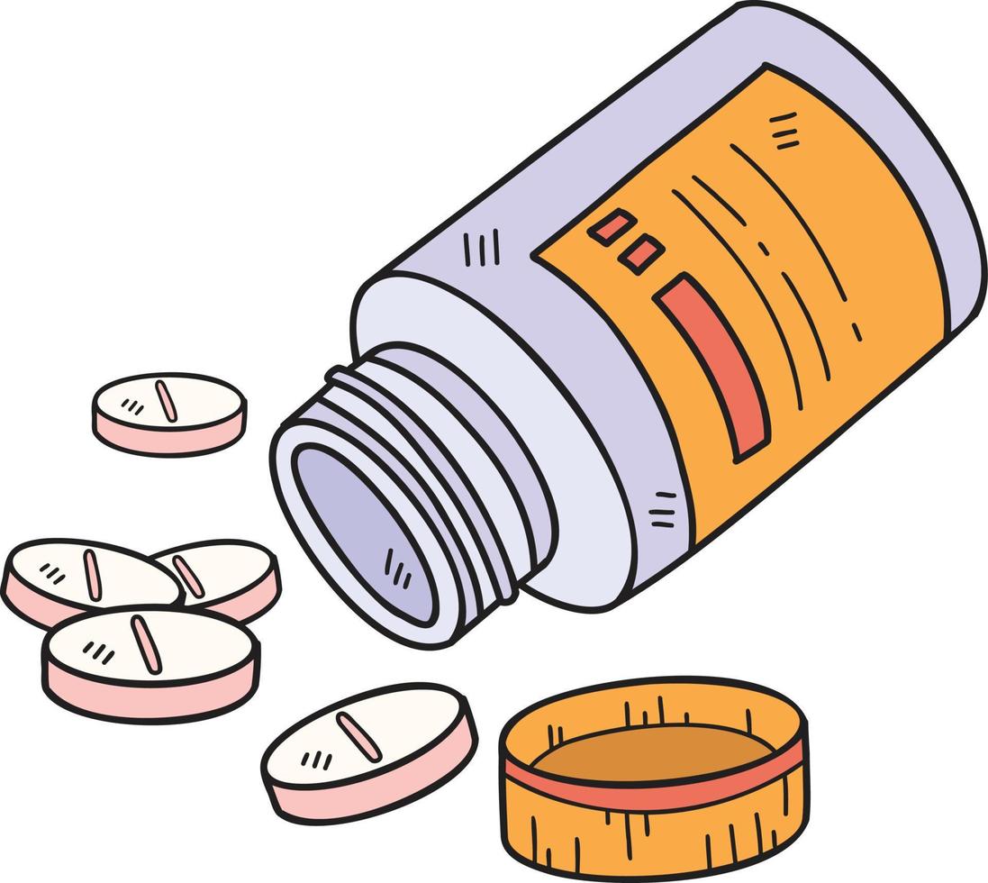 dibujado a mano píldoras y botellas de medicina ilustración vector