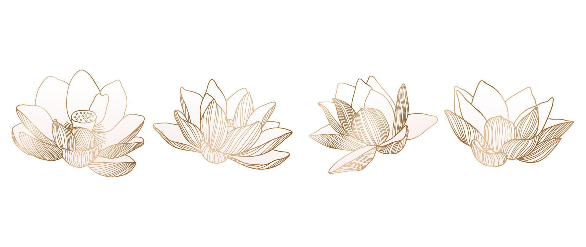 Set of hand drawn lotus line art. Collection of gradient gold lotus flowers line art. Design for luxury wedding invitation, cover, print, decoration, pattern, background template. Vector illustration.