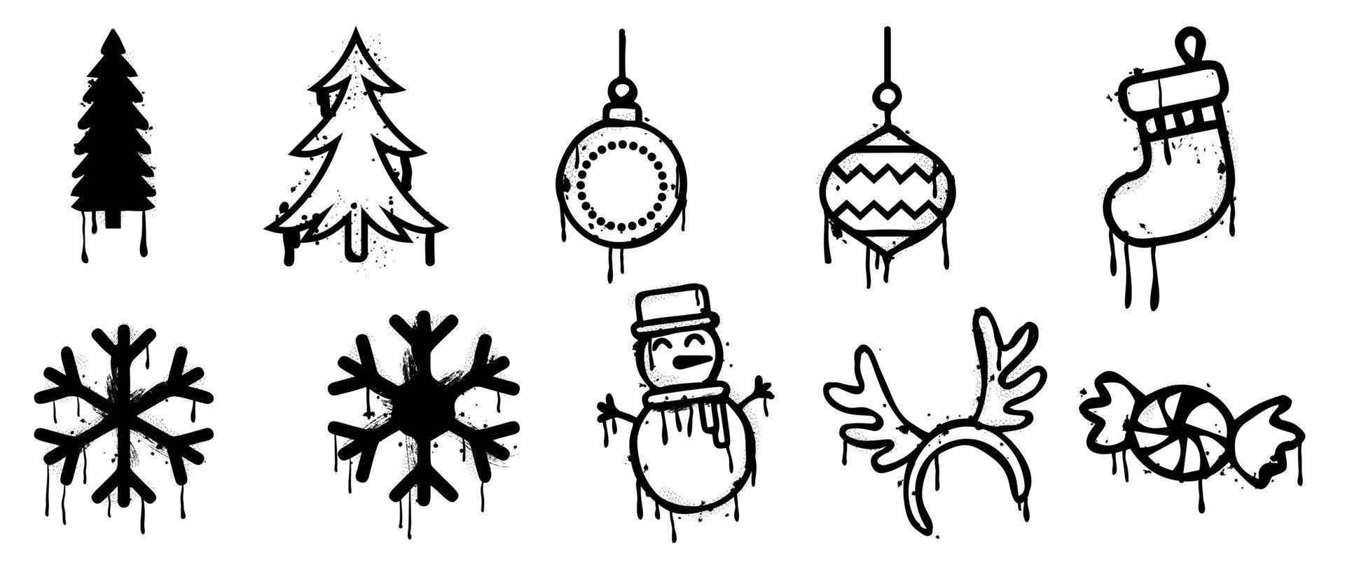 Set of christmas elements spray paint vector. Graffiti, grunge elements of pine tree, bauble, snowflake, snowman, sock, candy on white background. Design illustration for decoration, card, sticker. vector