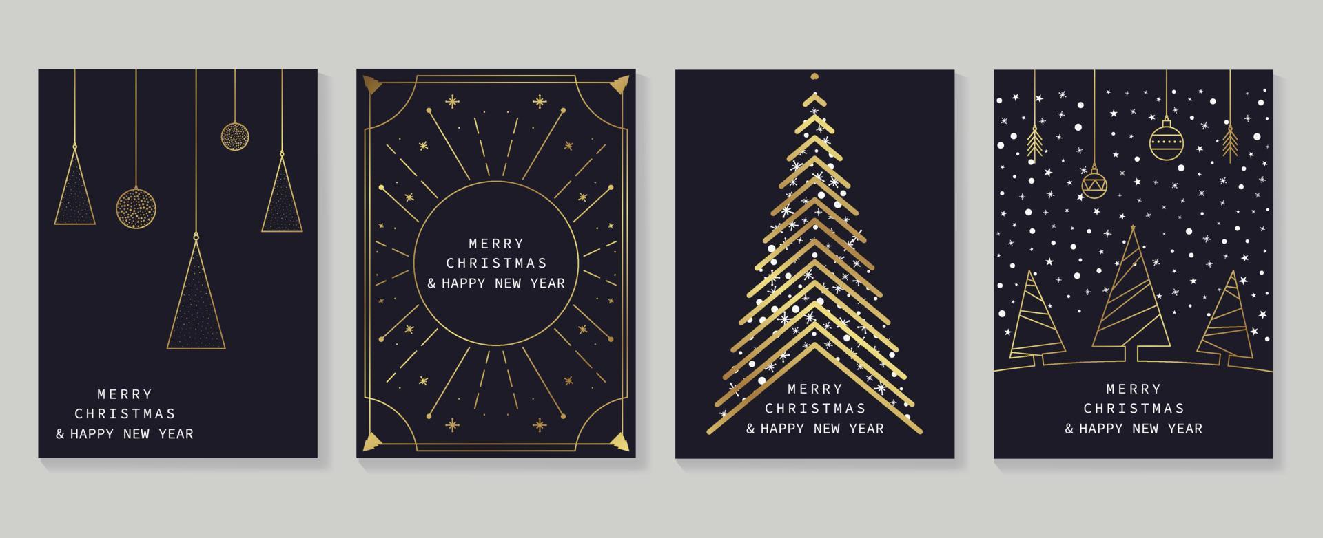 Set of luxury christmas and new year card art deco design vector. Elegant gradient gold line art of christmas tree, bauble on dark background. Design for cover, greeting card, print, post, website. vector