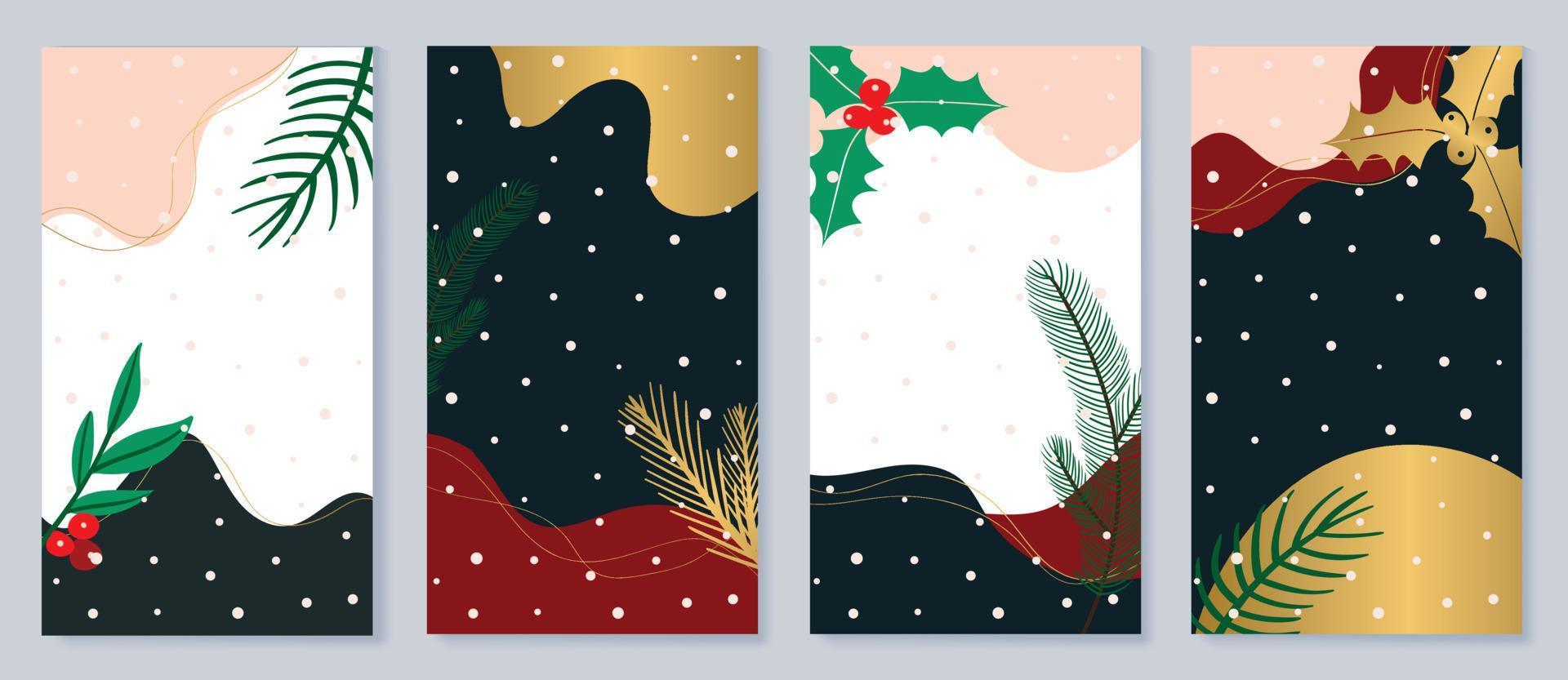 conjunto de póster de plantilla de navidad. elementos decorativos de hojas de pino doradas, acebo, bayas, nevadas, fondo de forma abstracta. ilustración de diseño para banner, tarjeta, redes sociales, publicidad, sitio web. vector