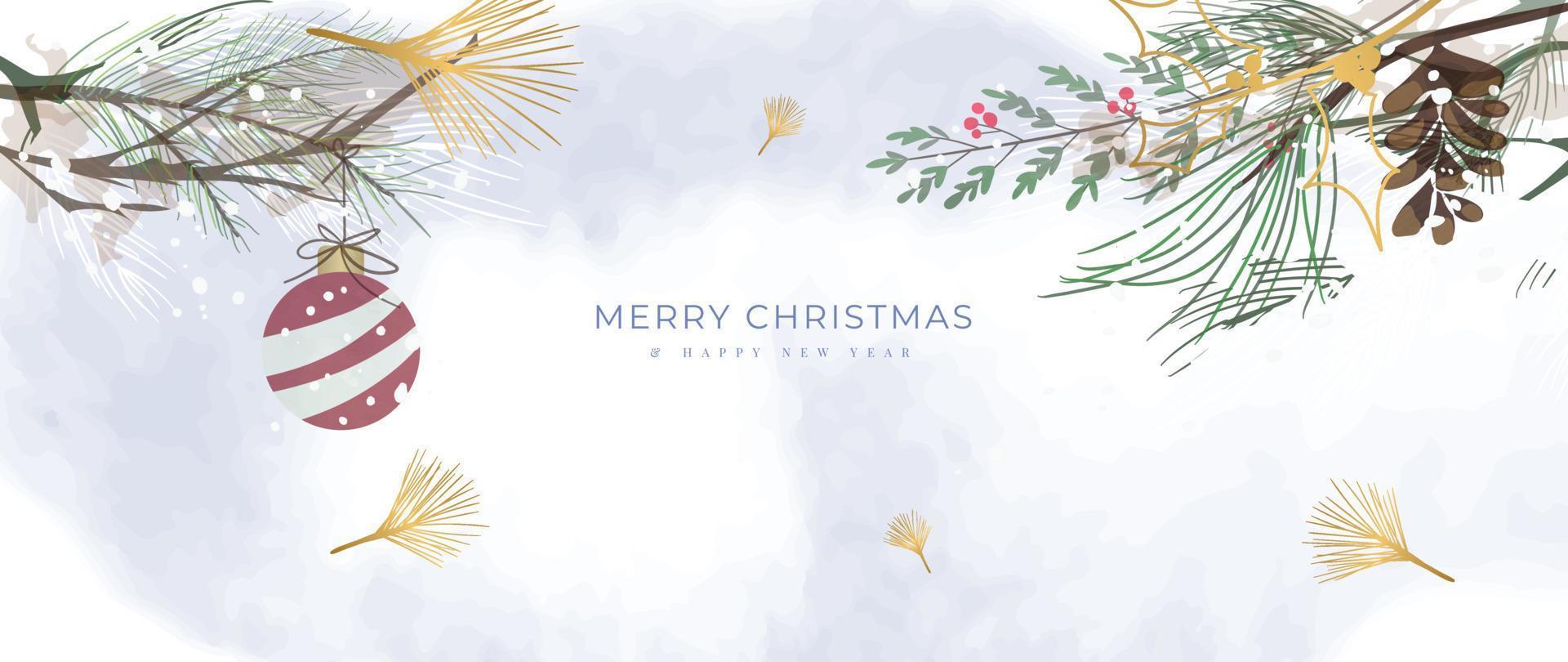 Christmas and watercolor winter botanical leaves background vector. Decorative hand painted pine leaves with gold line, leaf branch, bauble ball. Design for wallpaper, cover, invitation card, poster. vector