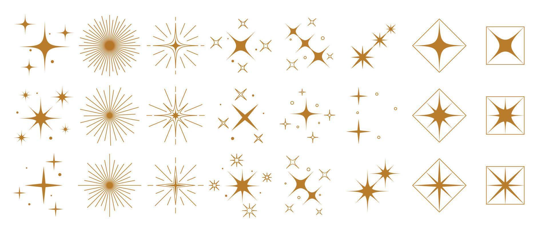 Set of gold sparkle vector illustration. Luxury geometric gold line star and sparkle in different styles isolated on white background. Art design for sticker, decoration, festive party invitation.