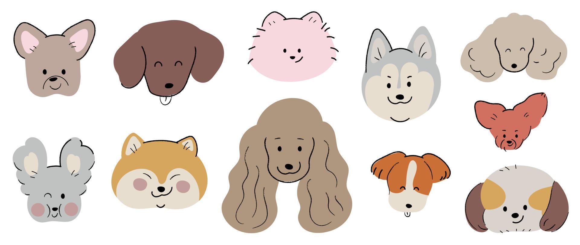 Cute and smile dog heads doodle vector set. Comic happy dog faces character design of husky, poodle, shiba with flat color isolated on white background. Design illustration for sticker, comic, print.